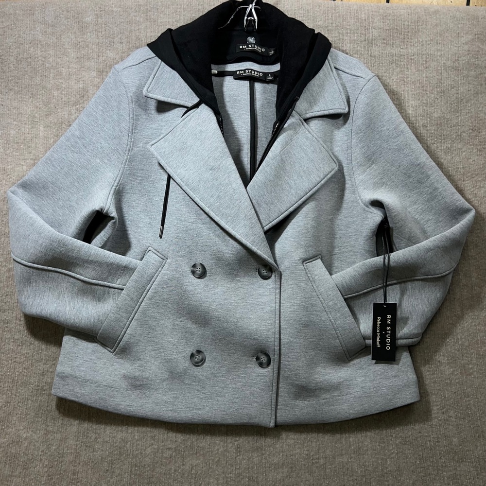 RM Studio x Rebecca Minkoff Grey Double Breasted Hooded Lg Peacoat Jacket NWT